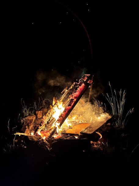 Holzscheite brennen in einem Lagerfeuer im Dunkeln, Flammen leuchten orange-gelb.
