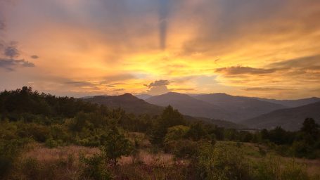 Sonnenuntergang über bewaldeten Bergen, warmes Licht und sanfte Wolken.