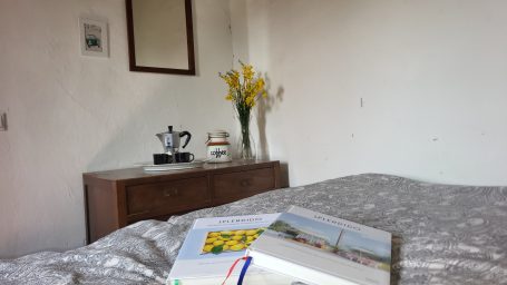 Ein gemütliches Schlafzimmer mit einem Bett, einer Kommode und frischen Blumen.